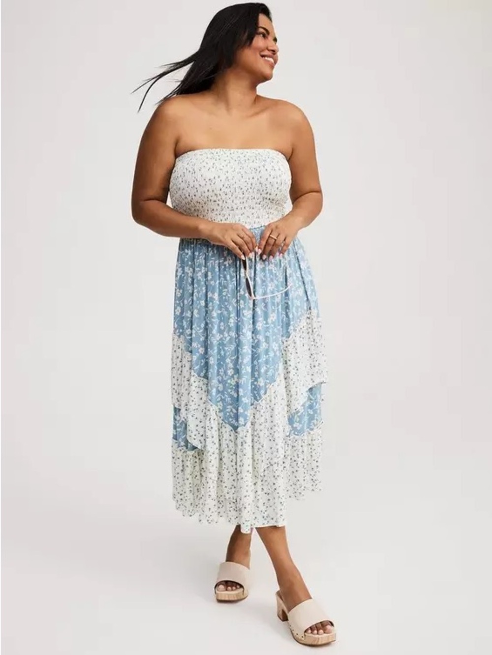 Torrid | Blue + White Patchwork Midi Smocked Strapless Tube Dress